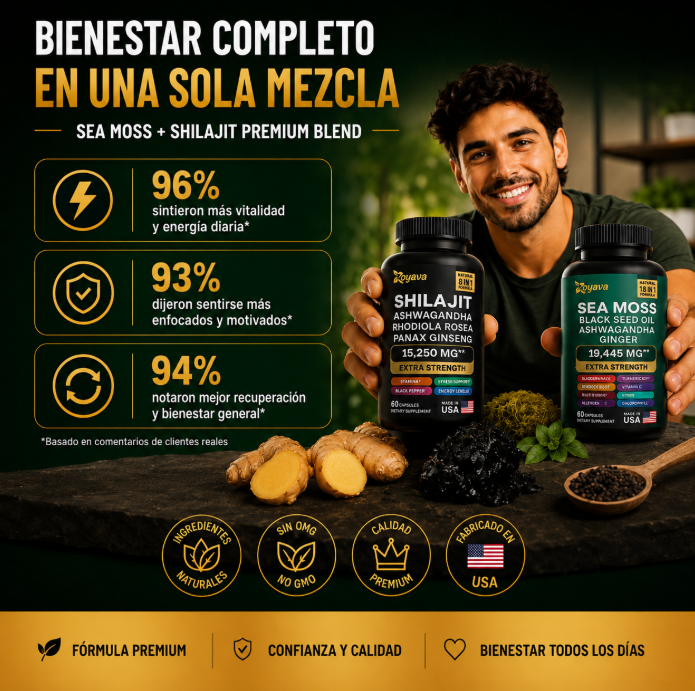 Shilajit + Sea Moss combinados en una fórmula práctica para acompañar tus días largos.