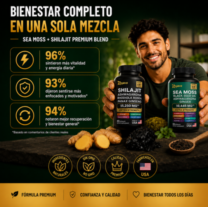 Shilajit + Sea Moss combinados en una fórmula práctica para acompañar tus días largos.