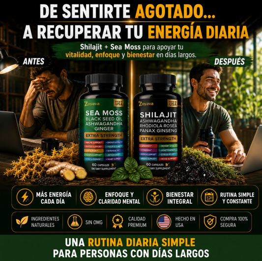 Shilajit + Sea Moss combinados en una fórmula práctica para acompañar tus días largos.