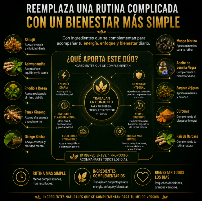 Shilajit + Sea Moss combinados en una fórmula práctica para acompañar tus días largos.