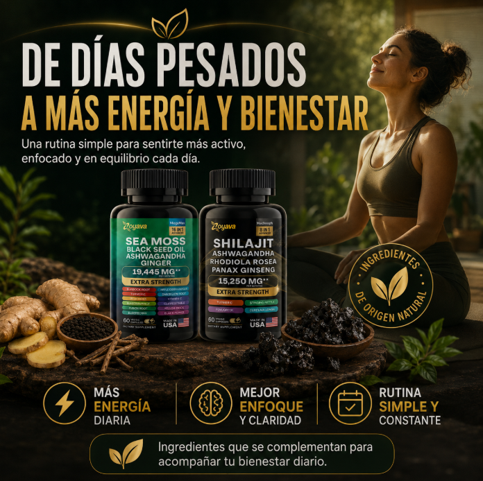 Shilajit + Sea Moss combinados en una fórmula práctica para acompañar tus días largos.