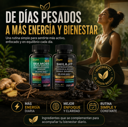 Shilajit + Sea Moss combinados en una fórmula práctica para acompañar tus días largos.